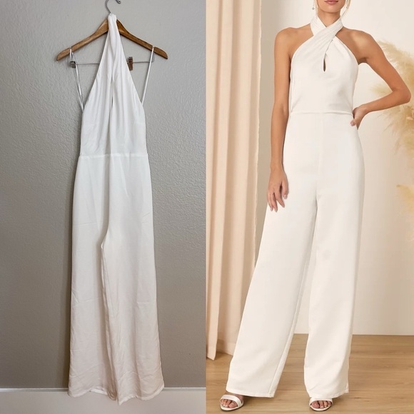 Classy White Satin Halter Wide-Leg Jumpsuit Medium - Picture 1 of 7